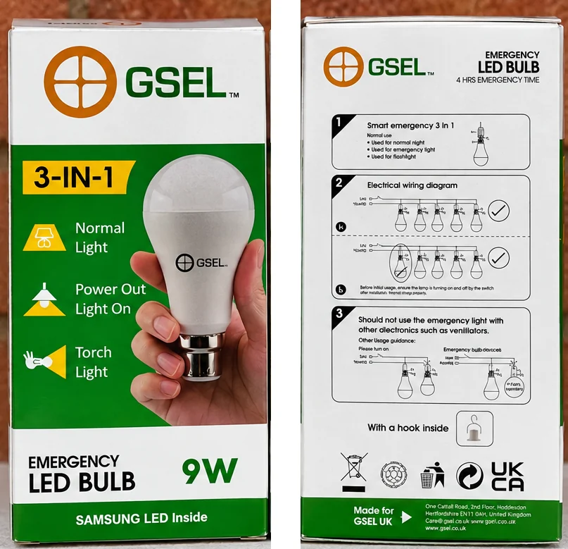 Front of GSEL 3-in-1 LED emergency bulb box and its illustrated usage instructions panel