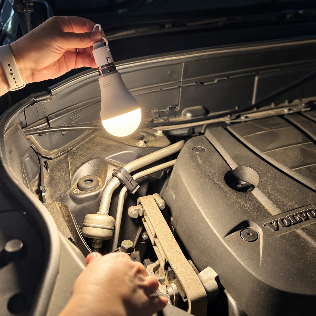 GSEL bulb held by its portable hook to provide light above a car engine